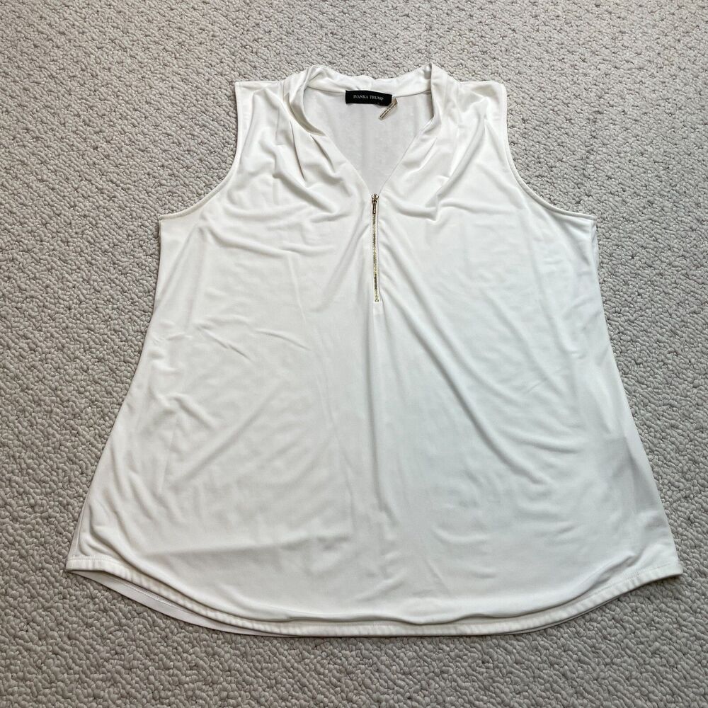 Ivanka Trump Tank Top Blouse Shirt Womens Large White Solid Sleeveless 1/4 Zip
